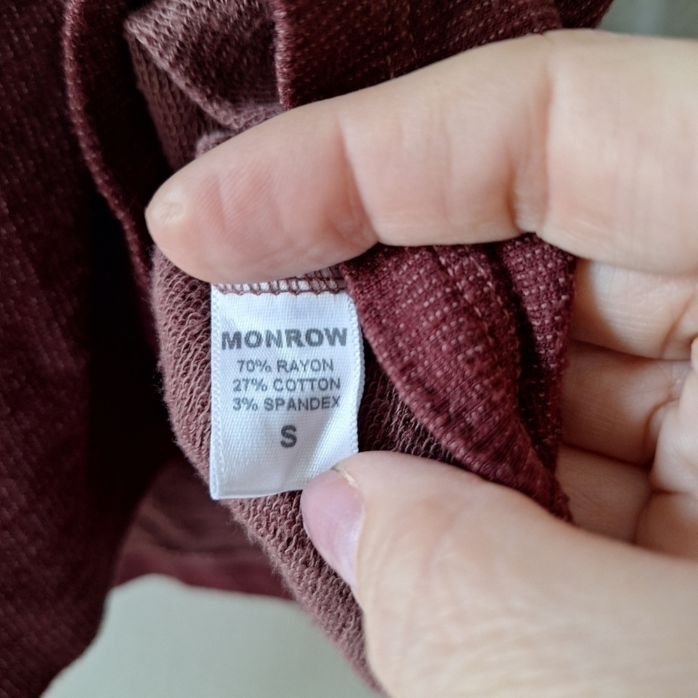 Monrow Womens Lightweight Crew neck Long Ribbed sleeve Top Burgundy Size S - Picture 4 of 5